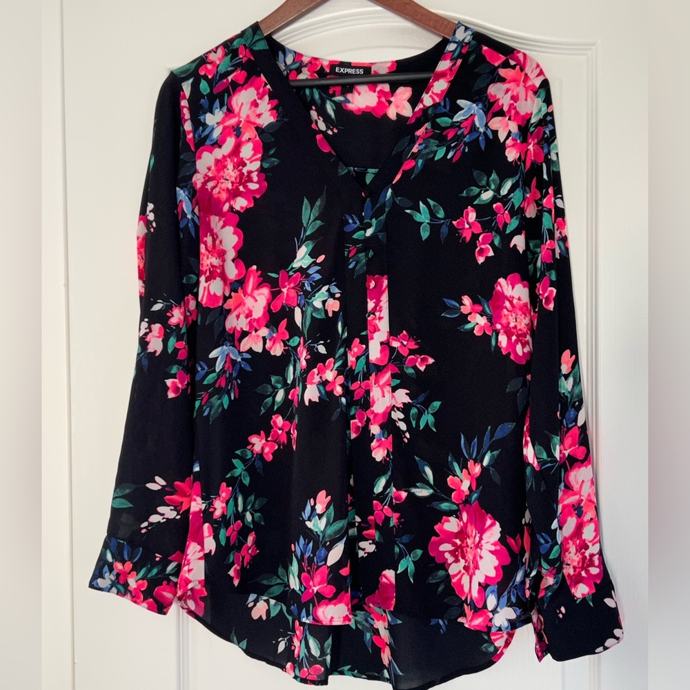 Express Portofino Pullover Floral Blouse Top Neon Pink Black